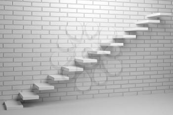 Business rise, forward achievement, progress way, success and hope creative concept - Ascending stairs of rising staircase in empty room with white bricks wall with light, 3d illustration