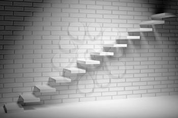 Business rise, forward achievement, progress way, success and hope creative concept - Ascending stairs of rising staircase in dark empty room with white bricks wall with spot light, 3d illustration