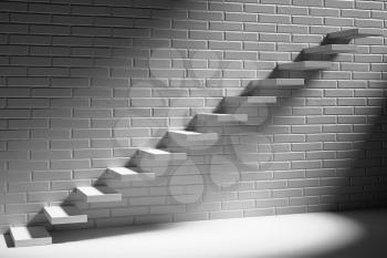 Business rise, forward achievement, progress way, success and hope creative concept - Ascending stairs of rising staircase in dark white empty room with white brick wall with light, 3d illustration