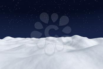 White snow field with hills and smooth snow surface under bright clear winter night north sky with bright stars winter arctic minimalist landscape background, 3d illustration.
