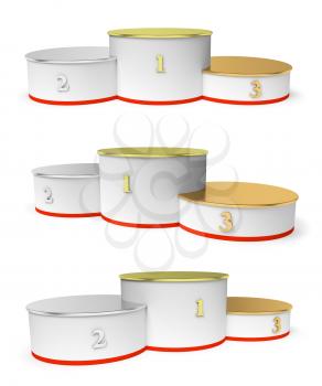 Sports winning and championship and competition success symbol - round sports pedestal, white winners podium with empty golden first, silver second and bronze third places, isolated on white, closeup, 3d illustration set