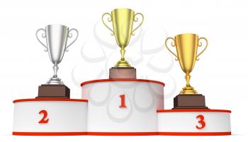 Sports winning and championship and competition success concept - golden, silver and bronze winners trophy cups on round sports pedestal, white winners podium with red stairs closeup, 3d illustration