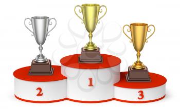 Sports winning and championship and competition success concept - golden, silver and bronze winners trophy cups on the sports pedestal, white winners podium with red stairs, 3d illustration