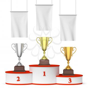 Sports winning, championship and competition success concept - three winners trophy cups on round sports pedestal, white winners podium with red stairs and blank white flags, 3d illustration, front view