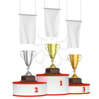 Sports winning, competition and championship success concept - three winners trophy cups on round sports pedestal, white winners podium with red stairs and blank white flags, 3d illustration, left