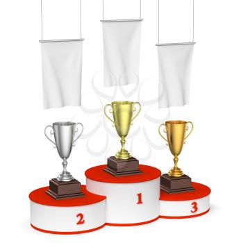 Sports winning, championship and competition success concept - winners trophy cups on round sports pedestal, white winners podium with red stairs and blank white flags, 3d illustration, left