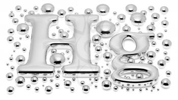 Small shiny mercury (Hg) metal chemical element sign of toxic mercury metal with drops and droplets of toxic mercury liquid isolated on white background, 3d illustration