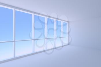 Business architecture office room interior - corner of empty blue business office room with floor, ceiling, walls and large window with morning blue sky light, 3d illustration