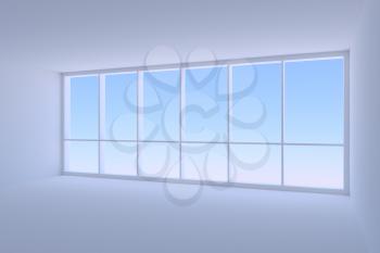 Business architecture office room interior - large window in empty blue business office room with floor, ceiling and walls with morning blue sky light, 3d illustration