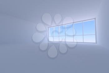 Business architecture office room interior - empty blue business office room with floor, ceiling, walls and large window with morning blue sky light, 3d illustration, wide angle from floor