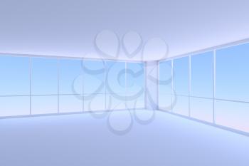 Business architecture office room interior - empty blue business office room corner with two large window with morning blue sky light, 3d illustration