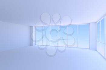 Business architecture office room interior - empty blue business office room with walls, ceiling, floor and two large window with morning blue sky light, 3d illustration