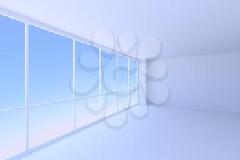 Business architecture office room interior - empty blue business office room with floor, ceiling, walls and large window in corner with morning blue sky light, 3d illustration