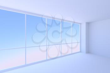 Business architecture office room interior - empty blue business office room with floor, ceiling, walls and large window with morning blue sky light 3d illustration