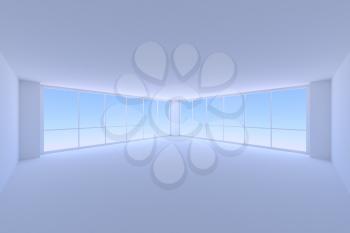Business architecture office room interior - empty blue business office room with floor, ceiling, walls and two large window with morning blue sky light, 3d illustration, wide view