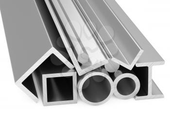 Metallurgical industry products - group of rolled steel metal products (pipes, girders, bars, profiles, balks and armature) on white industrial 3D illustration