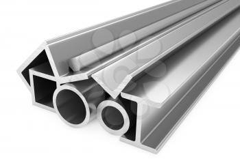 Metallurgical industry products - group of stainless rolled steel products (pipes, profiles, girders, bars, balks and armature) on white, industrial 3D illustration