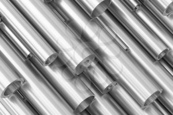 Metallurgical industry production and industrial products abstract illustration - many different various sized stainless metal shiny steel pipes, 3D illustration.