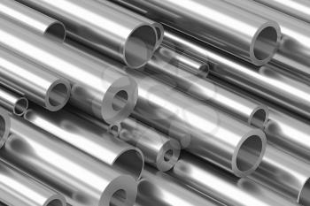 Metallurgical industry production and industrial products abstract illustration - many different various sized stainless metal shiny copper pipes closeup, industrial 3D illustration