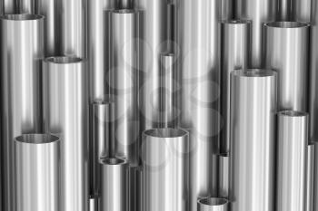 Metallurgical industry production and industrial products abstract illustration - many different various sized stainless metal shiny steel pipes, industrial 3D illustration