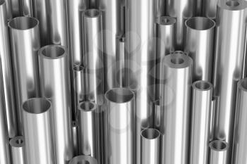 Metallurgical industry production and industrial products abstract illustration - many different various sized stainless metal shiny steel pipes, industrial background 3D illustration