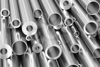 Metallurgical industry production and industrial products abstract illustration - many different various sized stainless metal shiny steel pipes closeup, industrial background, 3D illustration