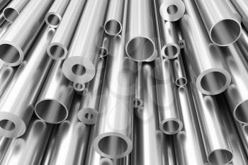 Metallurgical industry production and industrial products abstract illustration - many different various sized stainless metal shiny steel pipes, abstract background, 3D illustration