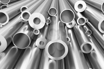 Metallurgical industry production and industrial products abstract illustration - many different various sized stainless metal shiny steel pipes abstract background, 3D illustration
