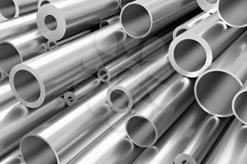 Metallurgical industry production and industrial products abstract illustration - many different various sized stainless metal shiny steel pipes, industrial background, 3D illustration.