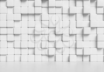 White wall made of white cubes and smooth floor with reflection, abstract interior, simple 3d illustration