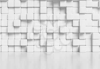 White wall made of white cubes and smooth glossy floor with reflection abstract simple 3d illustration