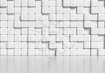 White wall made of white cubes and smooth glossy floor with reflection, abstract  simple 3d illustration.