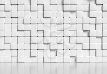 Abstract white wall made of white cubes and smooth glossy floor with reflection, abstract simple 3d illustration.