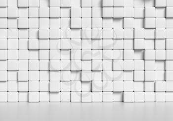 Abstract white wall made of white cubes and smooth floor with reflection, abstract simple 3d illustration
