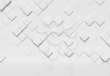 Abstract white wall made of cubes and smooth glossy white floor with reflection, abstract simple 3d  illustration interior