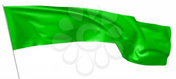 Long green flag on flagpole flying and waving in wind isolated on white 3d illustration.
