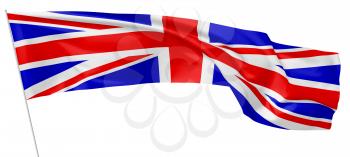 National flag of United Kingdom of Great Britain on flagpole flying and waving in wind isolated on white. Long flag. 3d illustration.
