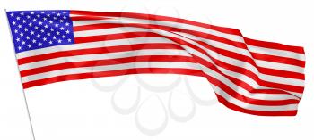 National flag of United States of America with stars and stripes with flagpole flying and waving in wind isolated on white. Long flag. 3d illustration.