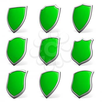 Protection, defense and security concept symbol: green shield on isolated on white background collection set