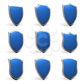 Protection, defense and security concept symbol: blue shields isolated on white background collection set