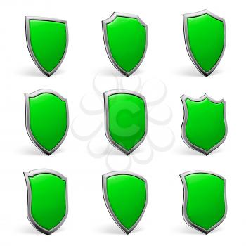 Protection, defense and security concept symbol: green shields isolated on white background collection set