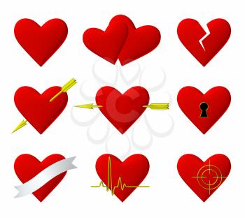 Set of red hearts symbols isolated on white background, 3d illustrations set