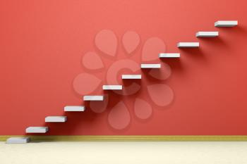 Business rise, forward achievement, progress way, success and hope creative concept: Ascending stairs of rising staircase in empty red room with beige floor and plinth, 3d illustration