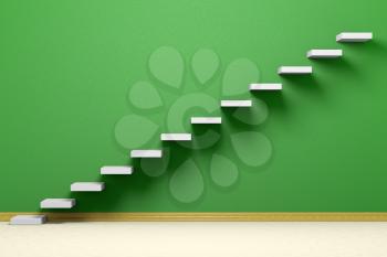 Business rise, forward achievement, progress way, success and hope creative concept: Ascending stairs of rising staircase in empty green room with beige floor and plinth, 3d illustration