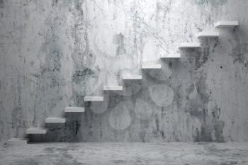 Business rise, forward achievement, progress way, success and hope creative concept: Ascending stairs of rising staircase in rough dark empty room with concrete floor and concrete wall 3d illustration