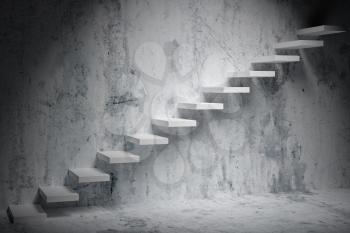 Business rise, forward achievement, progress way, success and hope creative concept: Ascending stairs of rising staircase in dark rough empty room with spot light 3d illustration