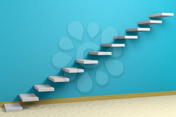 Business rise, forward achievement, progress way, success and hope creative concept: Ascending stairs of rising staircase in blue empty room with beige floor and plinth 3d illustration