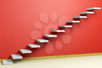 Business rise, forward achievement, progress way, success and hope creative concept: Ascending stairs of rising staircase in red empty room with beige floor and plinth 3d illustration