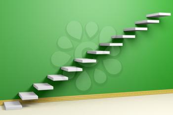 Business rise, forward achievement, progress way, success and hope creative concept: Ascending stairs of rising staircase in green  empty room with beige floor and plinth 3d illustration