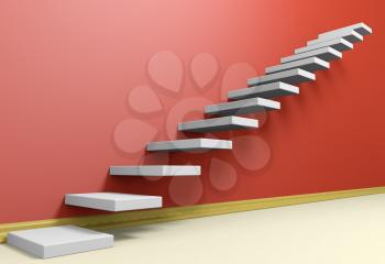 Business rise, forward achievement, progress way, success and hope creative concept: Ascending stairs of rising staircase in red empty room with beige floor and plinth, 3d illustration
